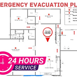 safety emergency evacuation fire exit, escape plan, diagram, floor plan,24 hours service
