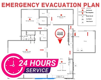safety emergency evacuation fire exit, escape plan, diagram, floor plan,24 hours service