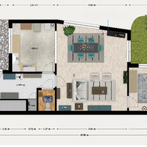 May include: Floor plan of a home with a living room, dining room, bedroom, and hallway. The living room has a sofa, coffee table, and two chairs. The dining room has a table and chairs. The bedroom has a bed and a rug. The hallway has a door leading to the bedroom.
