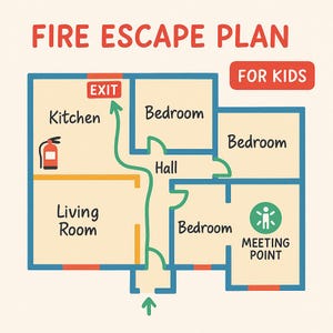May include: A colourful fire escape plan for children, showing a house layout with labelled rooms: kitchen, living room, bedrooms, and hall. The plan includes an exit route, a fire extinguisher, and a meeting point.