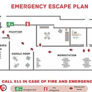 Evacuation Diagram Printable Fire Escape Plan Emergency Response Airbnb Sign,Customizable Emergency Escape Plan