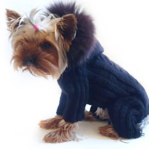 Knitted jumpsuit for dog Black with Natural Fur trim and Hood / Dog hoodie / Overalls dog / Yorkie clothes / chihuahua clothes