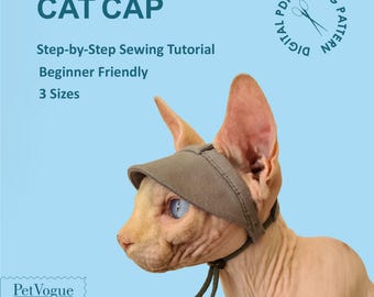 Patrón de ropa para gato Sphynx, sombrero de sol para gato sin pelo en PDF, ropa para gato Devon Rex, accesorios de verano para gatos, gorro para gato Peterbald, sombrero para mascotas con protección UV en PDF