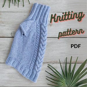Puede incluir: Un suéter de punto azul claro para perro con un patrón de trenza. El suéter tiene un cuello alto y un agujero para la correa del perro. La imagen incluye el texto "Knitting pattern PDF".