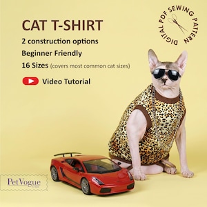 Pode incluir: Um molde de costura digital em PDF para uma camiseta de gato com o texto CAT T-SHIRT, 2 construction options, Beginner Friendly, 16 Sizes e Video Tutorial. Um gato sem pelo usa uma camiseta com estampa de leopardo, óculos e corrente.