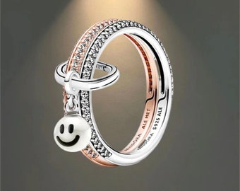 Pandora ME Ringen, Happy Smiley Face Ring Set, Minimalistische Charm Ring, S925 Sterling Silver Compatible Me Ring, Cadeau voor vrouwen