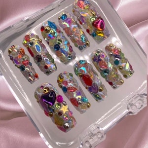 3D Y2K Bling Junk Charm Rhinestone Long Square Press On Nail Custom Handmade