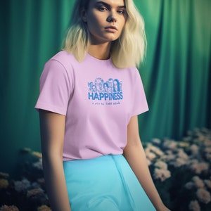 Young woman wearing a customized pink cotton T-shirt from the movie Happiness by Todd Solondz