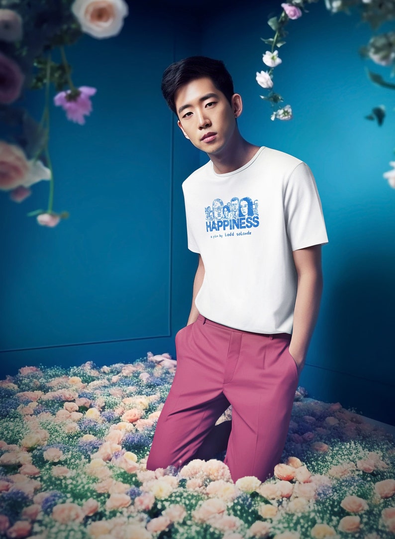 Young man wearing a customized white cotton T-shirt from the movie Happiness by Todd Solondz