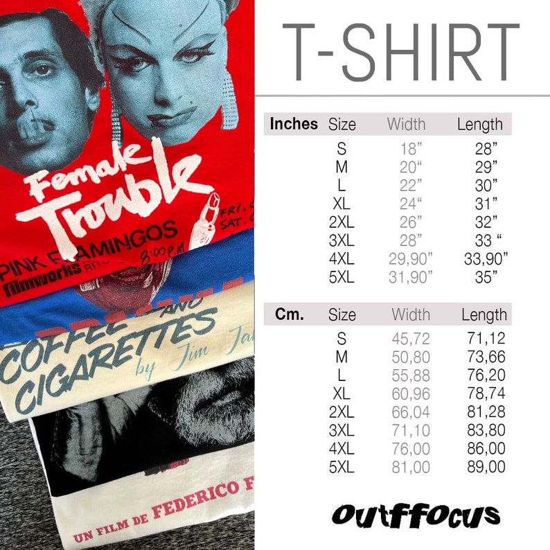 Size chart for cotton t-shirts from Outffocus store on Etsy.