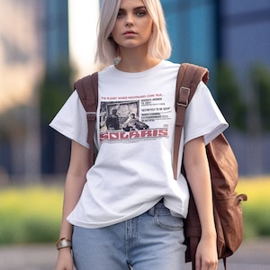 Young woman wearing a customized white cotton T-shirt from the movie Solaris by Tarkovski