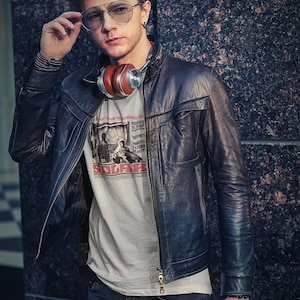 Young man wearing a customized natural cotton T-shirt from the movie Solaris  by  Tarkovski