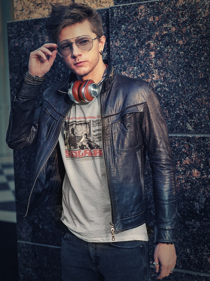 Young man wearing a customized natural cotton T-shirt from the movie Solaris  by  Tarkovski