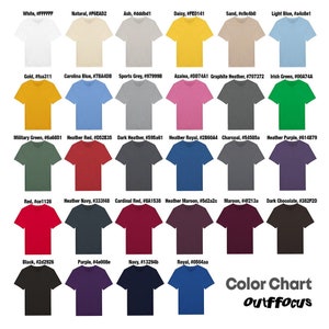 Color chart for cotton t-shirts from Outffocus store on Etsy.