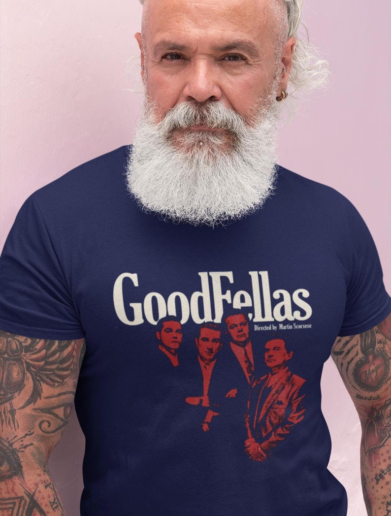 Young man wearing a customized armada cotton shirt from the movie Goodfellas by Martin Scorsese