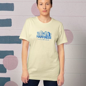 Young woman wearing a customized natural cotton T-shirt from the movie Happiness by Todd Solondz