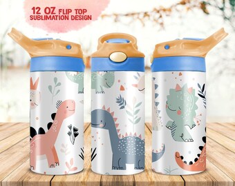 Dinosaurs 12oz Kids Flip Top Sippy Cup Tumbler Wrap, 12oz Straight Tumbler Sublimation PNG, Childrens Dinosaur Tumbler Wrap Design PNG