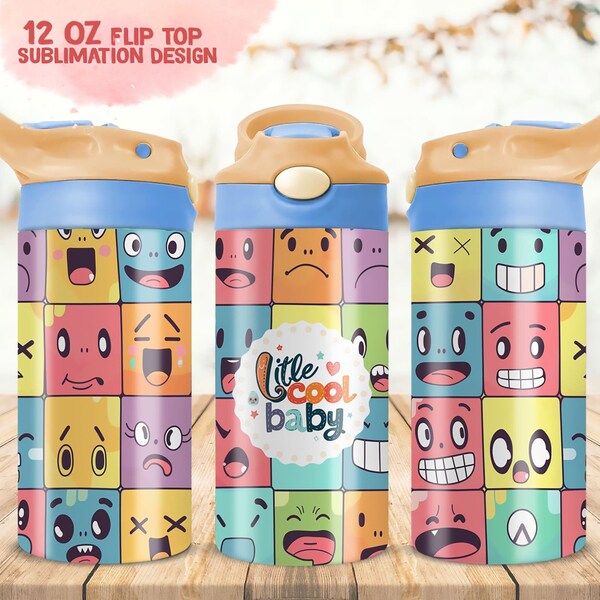 12oz Cute Cartoon Faces Kids Flip Top Sippy Cup, Sublimation Design, Flip Top Kids Sublimation Design, Instant Download, Tumbler Template