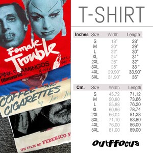 Size chart for cotton t-shirts from Outffocus store on Etsy.