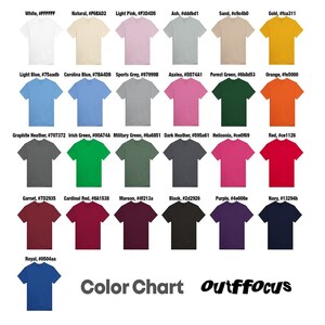 Color chart for cotton t-shirts from Outffocus store on Etsy.