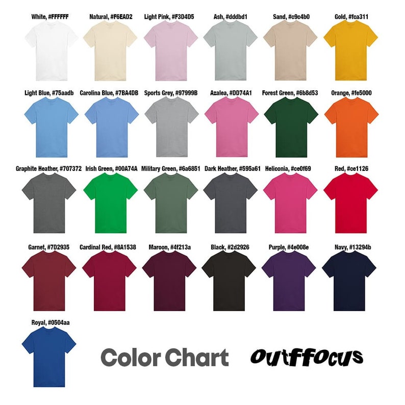 Color chart for cotton t-shirts from Outffocus store on Etsy.