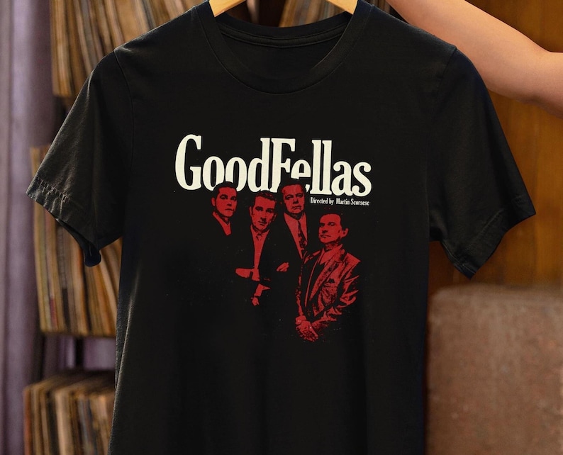 Customized white shirt from the movie GoodFellas by Martin Scorsese hanging on a hanger