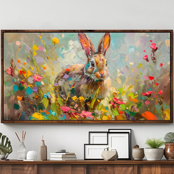 Spring Delight: Textured Oil Painting - Bunny in a Field (Frame TV Art Download)