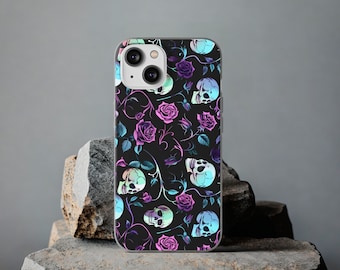 Gothic Skull Roses Phone Case iPhone 14 13 12 11 Plus Pro Max Samsung Galaxy S23 S22 S21 Punk Dark Scary Aesthetic Floral Skeleton