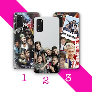 May include: Three different phone cases featuring a collage of images of the boy band One Direction. The first case has a black and white background with a collage of the band members. The second case has a white background with a collage of the band members. The third case has a red, white, and blue background with a collage of the band members and the words "One Direction".