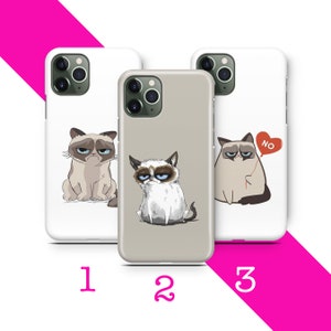 May include: Three white phone cases with different designs featuring a grumpy cat. The first case has a cat sitting down. The second case has a cat sitting down with a white background. The third case has a cat sitting down with a red balloon that says "NO".