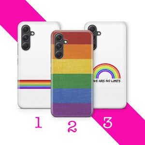 May include: Three phone cases with different designs. The first case is white with a rainbow stripe at the bottom. The second case has a rainbow stripe design with a textured background. The third case is white with a rainbow arc and the text "Love has no limits".