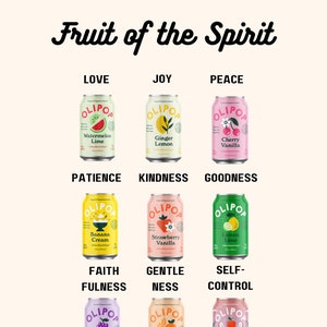 May include: An assortment of twelve cans of OLIPOP soda, each with a unique flavor and design. The cans are arranged in a grid, with flavors like Watermelon Lime, Cherry Vanilla, and Crisp Apple. The text "Fruit of the Spirit" is at the top.