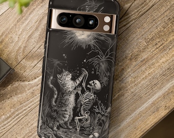 Cat and Skeleton Romantic Dance | Graphic Illustration Phone Case | iPhone 14 15 Pro, Samsung Galaxy S22 S23, Google Pixel 7 8 Pro and other