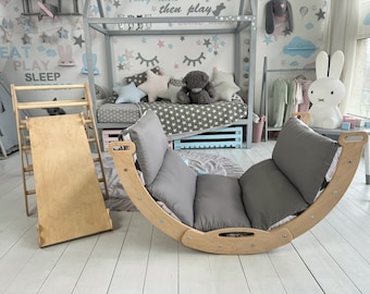 Almohada Arch Rocker, Muebles Montessori, Arco escalador, Triángulo de escalada, Kletterbogen, Kissen Kletterbogen rutsche Interior, madera de gimnasio para bebés