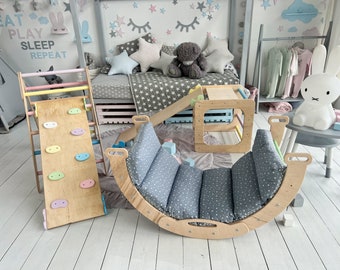 Pastecl kleur, Klimboog met oprit, Boog met kussen, Klimmen montessori meubilair, Rocker Kussen, Montessori Rocker, Peuter Rocker