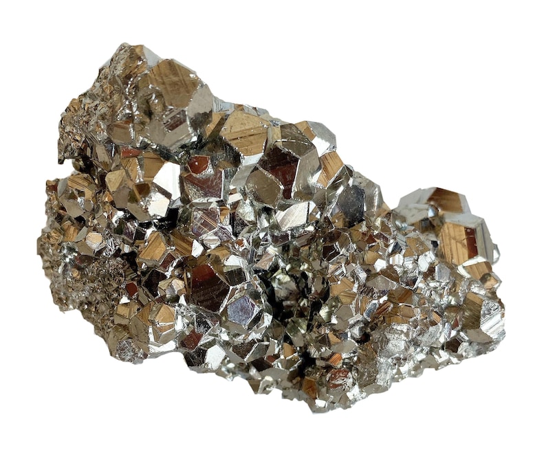 May include: A cluster of pyrite crystals, also known as fool's gold, with a metallic, reflective surface. The crystals are a mix of geometric shapes and have a golden-silver color. The mineral specimen is set against a white background.