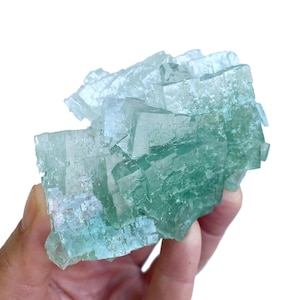 May include: A cluster of translucent, light green fluorite crystals with a cubic structure. The mineral specimen displays sharp, geometric edges and varying shades of pale mint and seafoam green throughout its crystalline, layered formation.