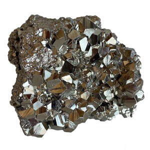 May include: A cluster of pyrite crystals, also known as fool's gold, with a metallic, reflective surface. The crystals are a mix of cubic and irregular shapes, with a dark, brassy color. The overall form is rough and textured.
