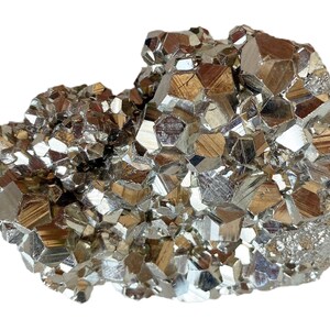 May include: A cluster of pyrite crystals, also known as fool's gold, with a metallic, reflective surface. The crystals are a mix of silver, gold, and bronze tones, with sharp, geometric shapes. The overall form is irregular and textured.