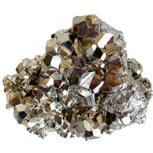 May include: A cluster of pyrite crystals, also known as fool's gold, with a metallic, reflective surface. The crystals are a mix of gold and silver tones, with sharp, geometric shapes. The overall form is irregular and textured, showcasing natural mineral formations.