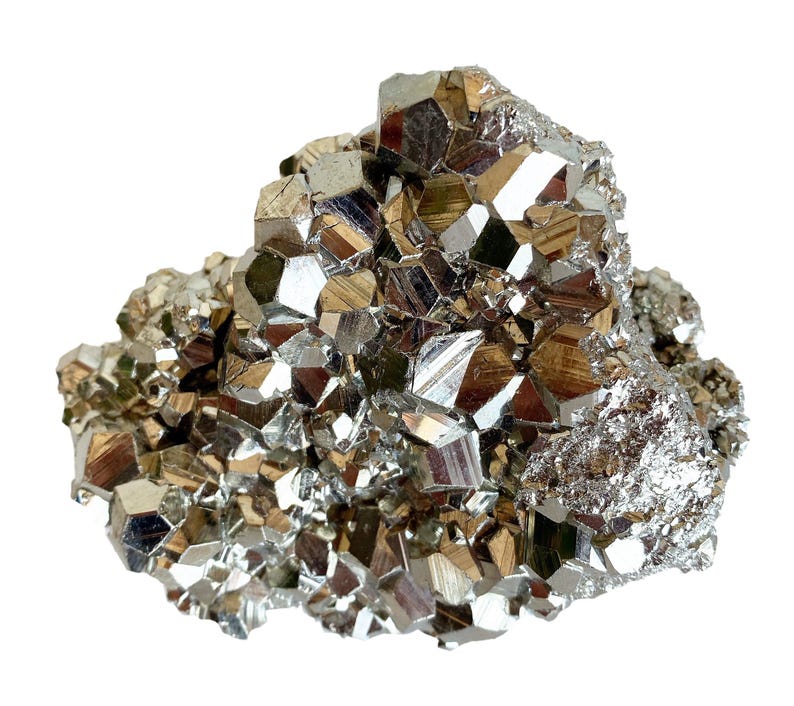 May include: A cluster of pyrite crystals, also known as fool's gold, with a metallic, reflective surface. The crystals are a mix of gold and silver tones, with sharp, geometric shapes. The overall form is irregular and textured, showcasing natural mineral formations.
