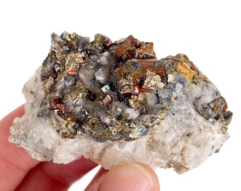 Iridescent Pyrite with Hematite on Calcite: Rhodope Mountains Mineral