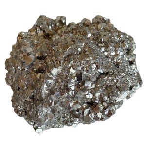 May include: A close-up of a pyrite specimen, also known as fool's gold, with a metallic, reflective surface. The mineral displays a cluster of cubic crystals, showcasing a natural, textured appearance. The color is a mix of gold and silver.