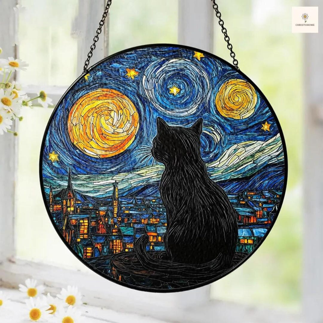 Cat Starry Night Suncatcher, Van Gogh Inspired Stained Glass Cat Decor ...
