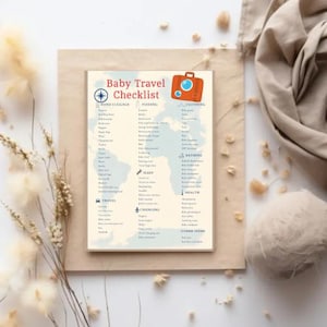 May include: A printable checklist for baby travel with a world map background. The checklist includes categories for hand luggage, feeding, clothing, bathing, sleep, changing, travel, health, and other items.