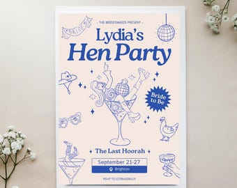 Cool Hen Party Invite, Customisable, Bridal Party, Bachelorette Party
