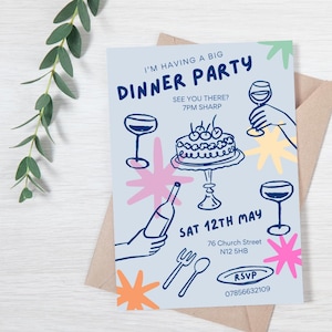 Dinner Party Invitation, Fun Doodle Invitation, Dinner Party, Birthday Party