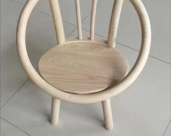 Children's White Wax Solid Wood Stool: Baby's Household Small Circle Chair with Safety Backrest, Cute and Creative Little Chair