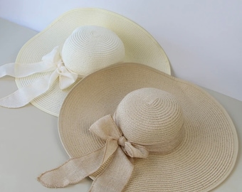 Chapeau d'été pliable en paille avec nœud pour femme - Panama disquette à bord large - Casquette de plage d'extérieur pour femme