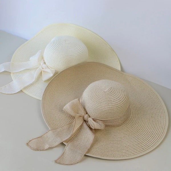 Chapeau d'été pliable en paille avec nœud pour femme - Panama disquette à bord large - Casquette de plage d'extérieur pour femme